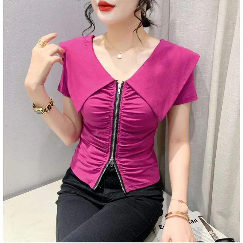 Fashion Zipper T-Shirt Women's Short Sleeve Summer Style Design Navy Collar Versatile Half Sleeve T-Shirt Solid Color Shirt Shir