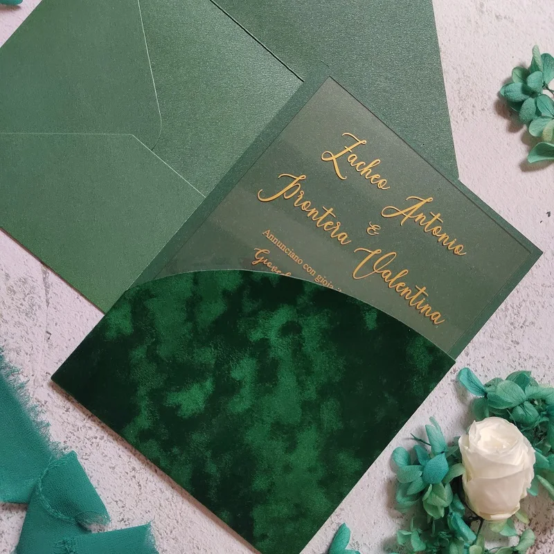 Emerald Green Suede Velvet Invitation Pocket with Gold Foil Acrylic Invitation Card Arch Wedding