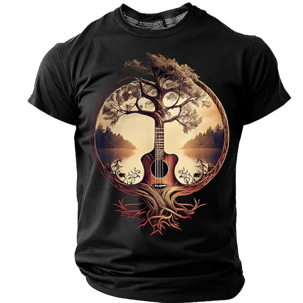 Men's T-Shirt with Guitar and Tree of Life Print, Crew Neck, Short Sleeve, Versatile and Stylish Casual Top for Everyday Wear