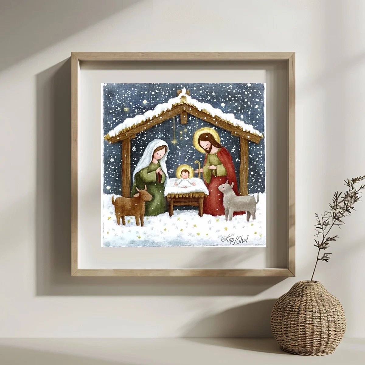 1 Stück 30x30cm/11,8 Zoll, 11Ct/14Ct Kreuzstich-Set, DIY Valentinstagsgeschenk, Stickerei-Set für Festlichkeiten, verschneitete Krippe Joseph Maria – Detail 2