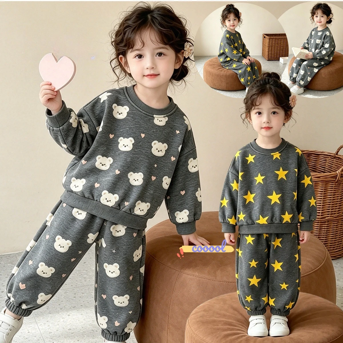 Girls Stars Print Sweatshirt & Joggers Set – Round Neck Casual 2-Piece Outfit for Spring, Soft Comfortable Kids Wear