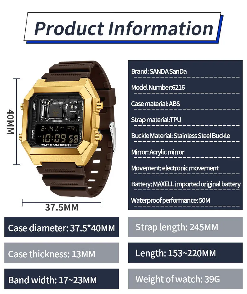 SANDA SD6216 Men's Fashion Electronic Alarm Square Dial Waterproof Multi functional Calendar Sports Watch