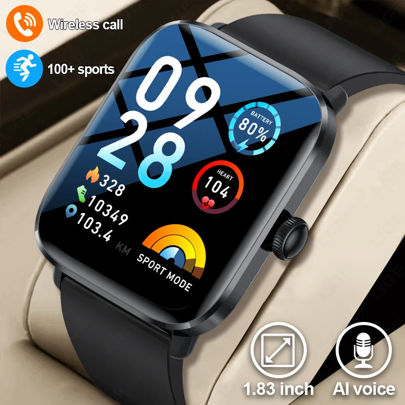 

LIGE New Smart Watch For Men Women Bluetooth Call AI Voice Heart Rate Blood Oxygen Health Monitor 1.83 Inch Sport Smartwatch Men