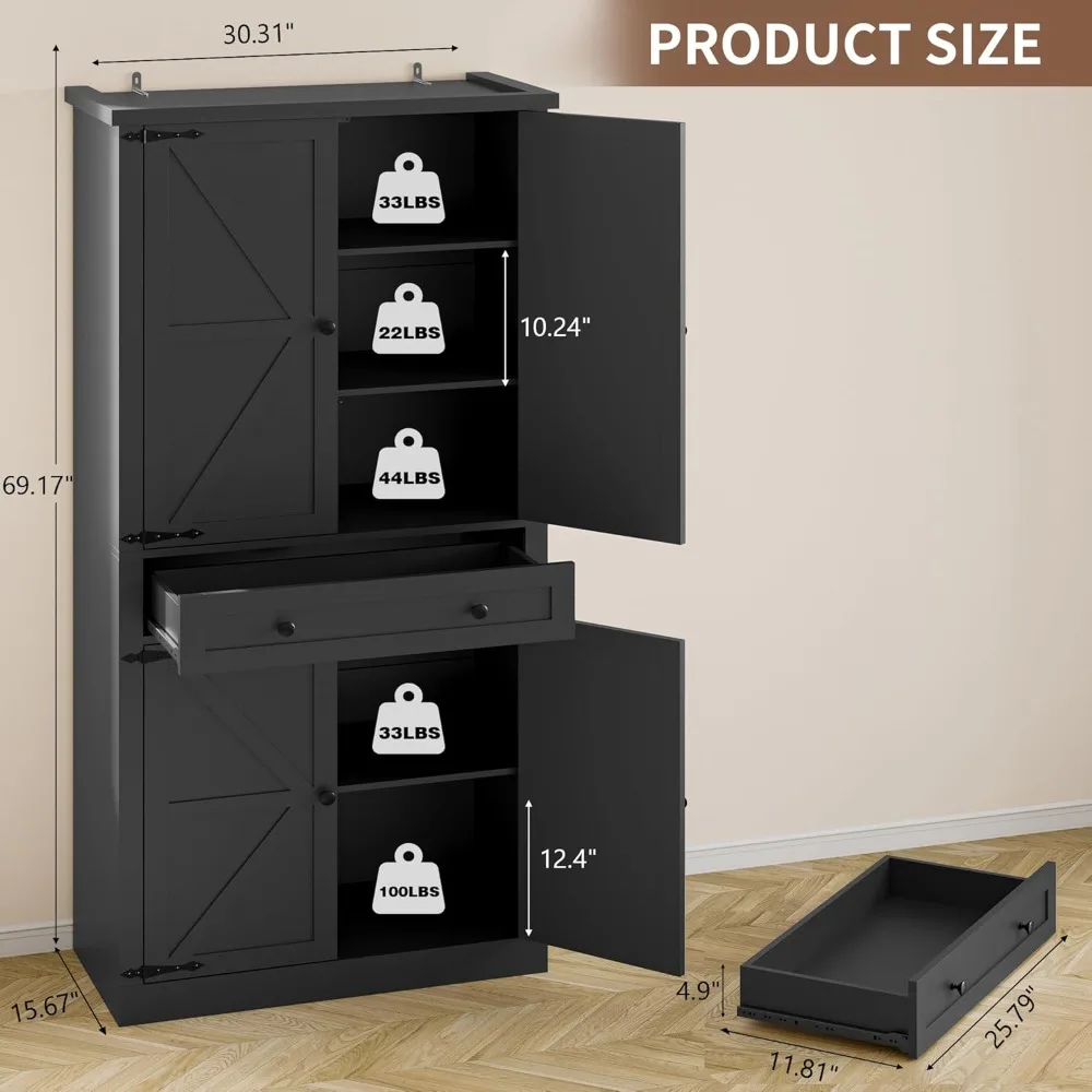

Pantry Organizers and Storage Cabinet, 70” Barn Door White Kitchen Cabinet with Drawers and Adjustable Shelf, Customized