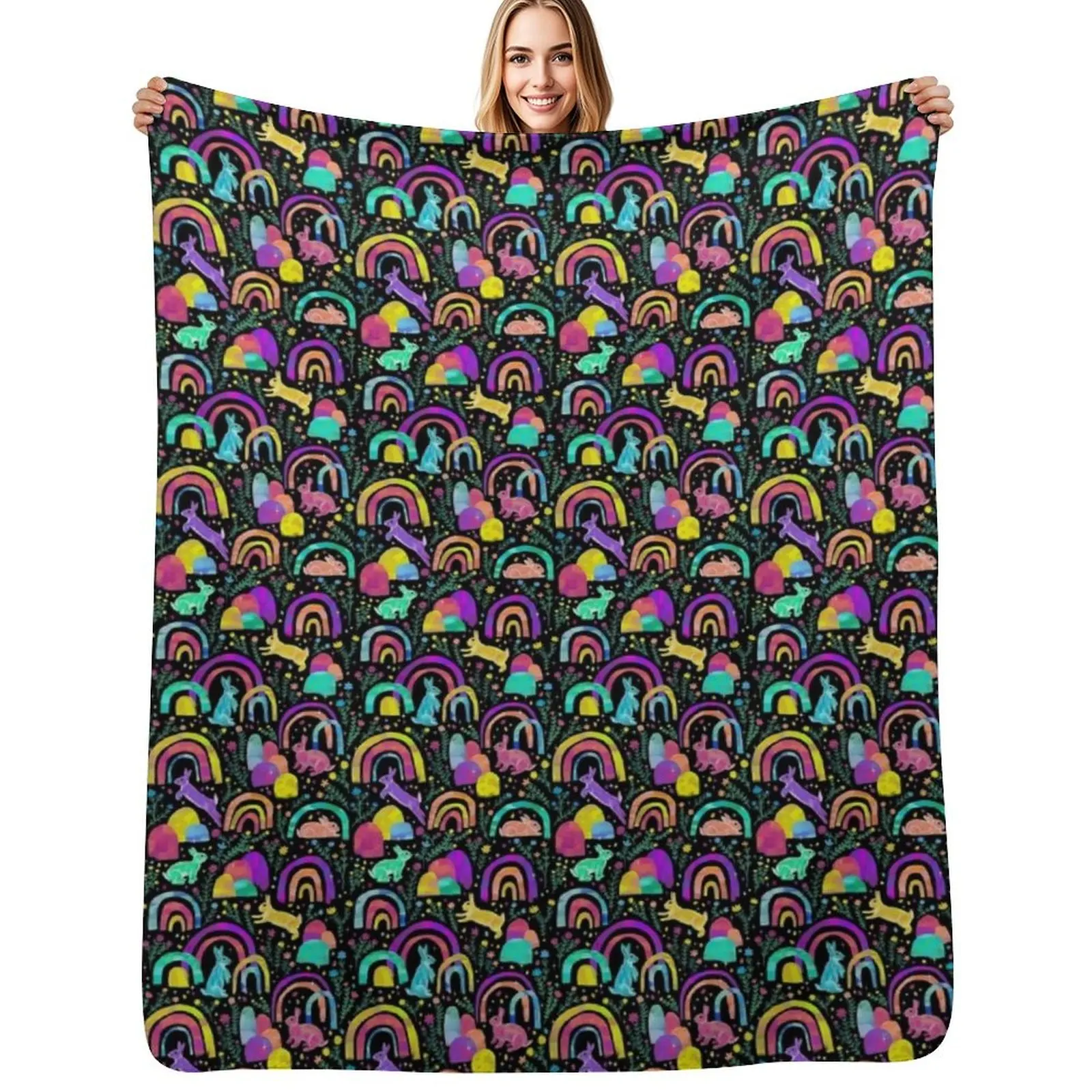 

Rainbow Rabbits - black Throw Blanket Ultra Soft Flannel Fleece Blanket for All Seasons