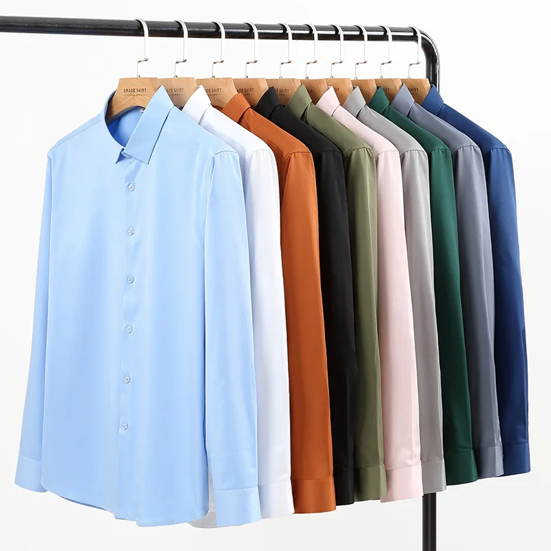 New in shirt plus size elastic long-sleeve shirts for men slim fit formal plain shirt soft wrikle free office tops green clothes