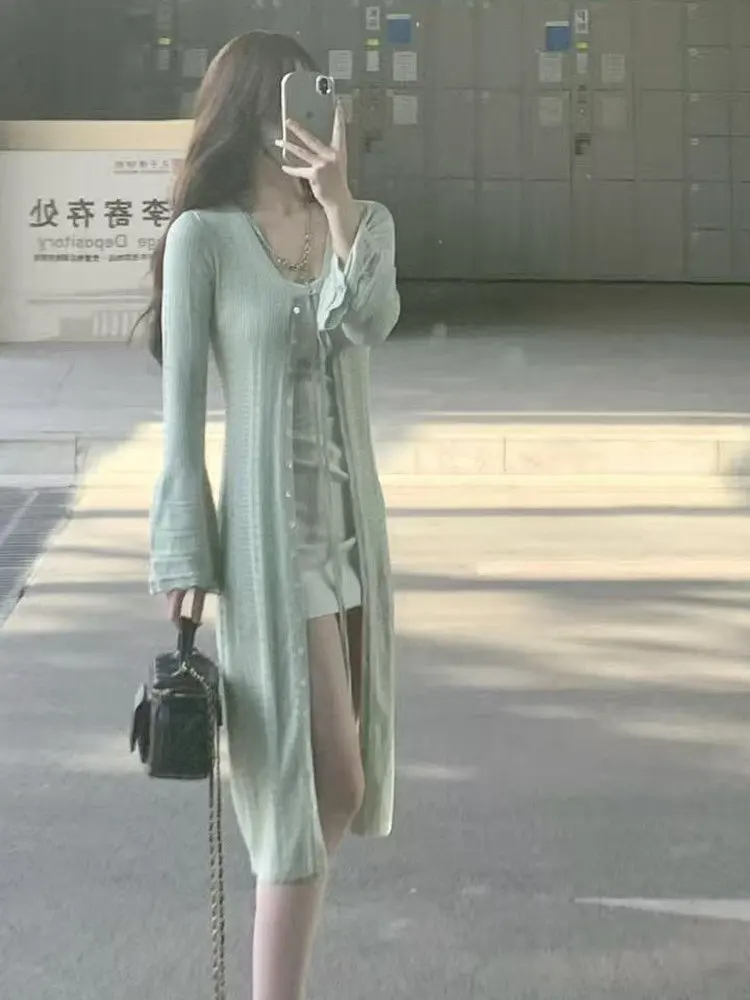 

New Ice Silk Knitted Long Open Cardigan Thin Long Sleeve Outerwear Sun Protection Coat Green Slimming Outerwear for Women