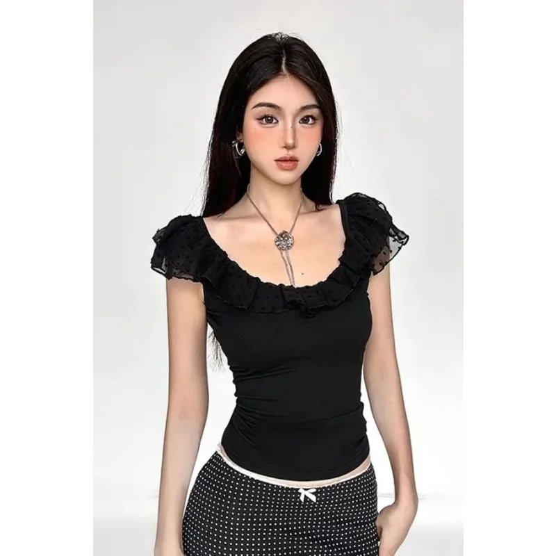 Women's Black Ruffle Trim Crop Top Swiss Dot Mesh Cap Sleeve  Neck Fitted Slim Fit Y2K Coquette Top