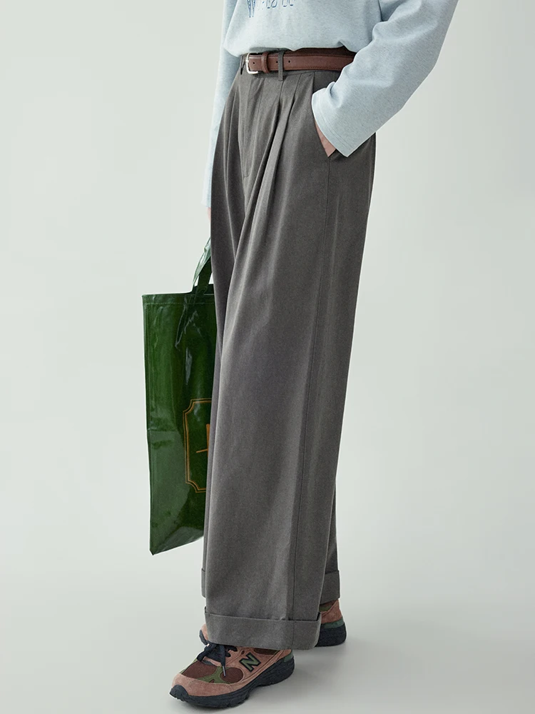High Waist Wide Leg Casual Pants Women's Spring New Style Pleated Straight Leg Long Trousers Korean Style Pure Color Cuffed