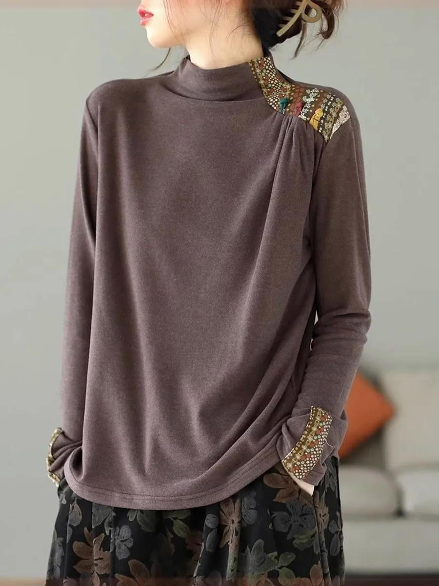 

Double-Sided Velvet Head over Shoulder Top with Patchwork Long Sleeve Button-Up Ethnic Print Base Shirt Women's Fashion