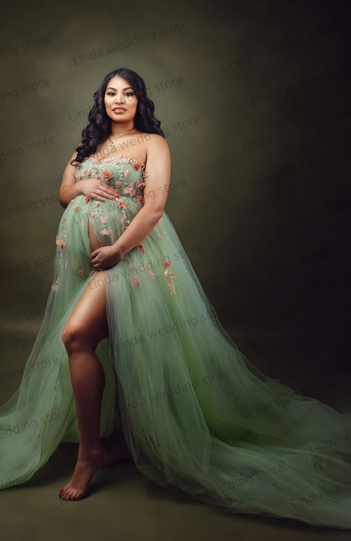Pretty Green Maternity Dresses Off The Shoulder Prom Party Dresses 3D Flowers Appliques Pregnant Woman Gowns for Photoshoot image 2