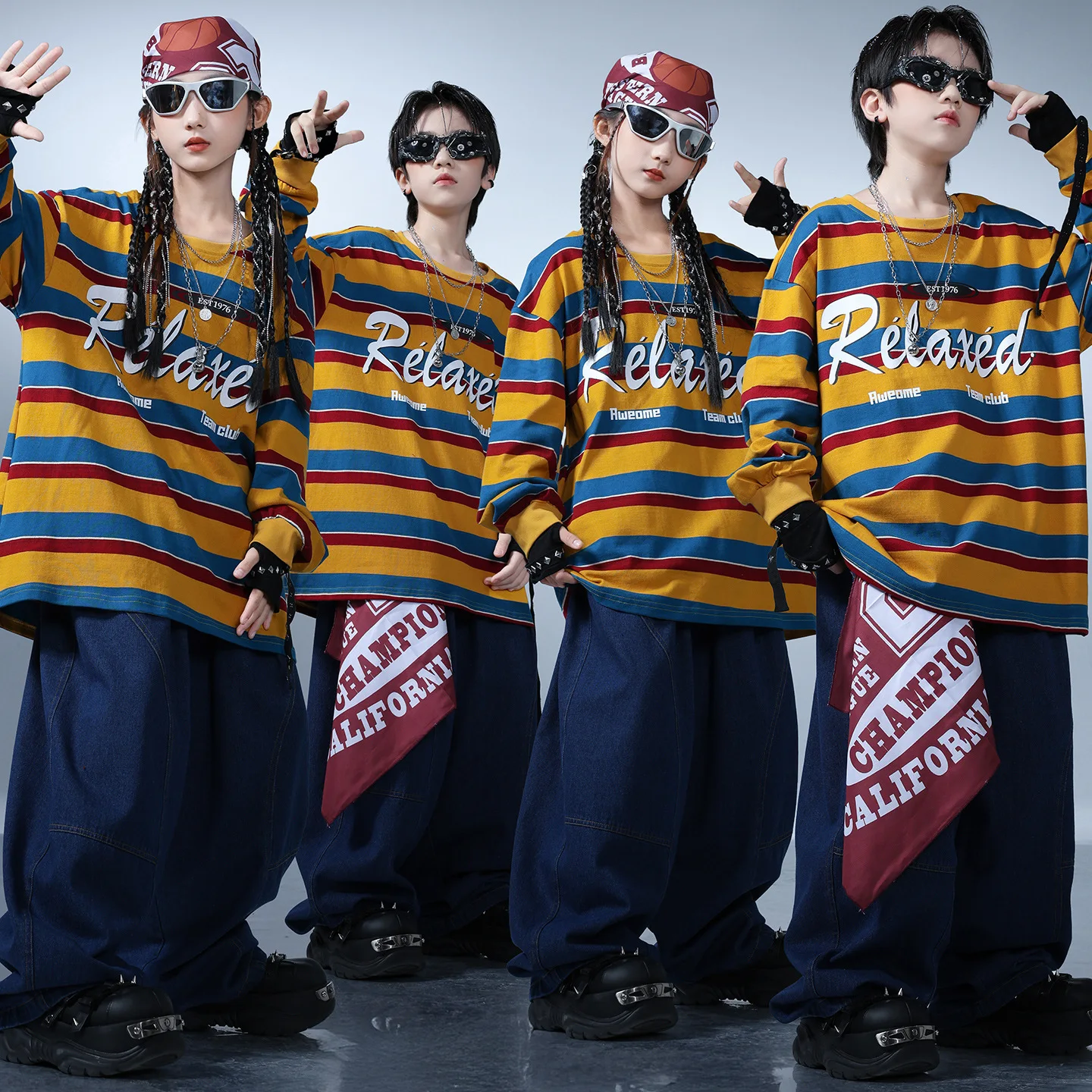 Criança kpop hip hop roupas amarelo listrado moletom denim azul calças largas calças largas para menina menino trajes de dança de rua roupas