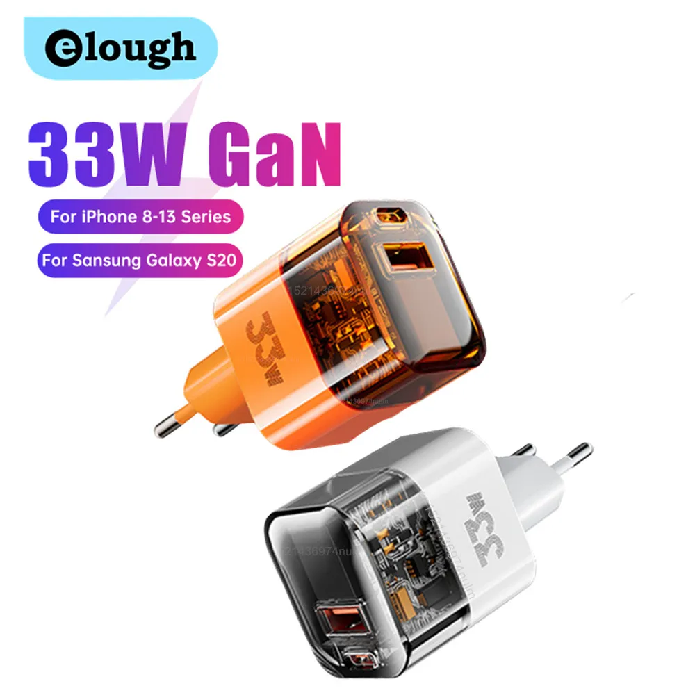 elough USB Charger Transparent Quick Charge 3.0 QC3.0 PD3.0 33W 20W Type C GaN Charger for iPhone 14 13  Samsung Huawei