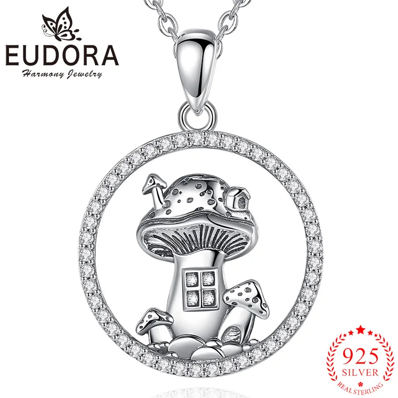 Eudora New 925 Sterling Silver Wiccan Mushroon House Necklace Round Zircon Pendant Woman Exquisite Witch Jewelry Holiday Gift