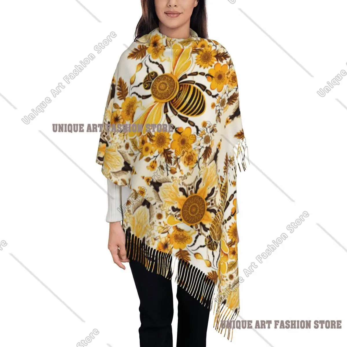 مخصص لطيف النحل والزهور نمط شرابة وشاح المرأة شتاء دافئ شالات يلتف سيدة الأوشحة #1