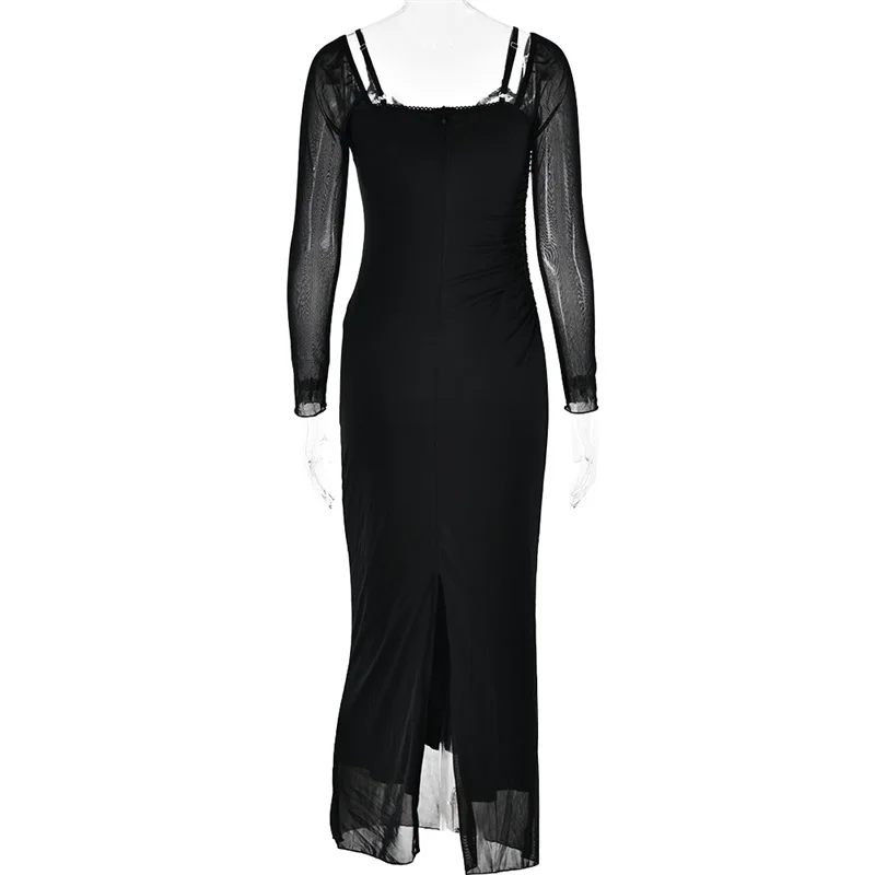 Vestido plisado con escote en V profundo para mujer, vestido de fiesta de manga larga con abertura y espalda descubierta, Negro, Rojo, marrón, vestido de noche de cintura alta, chica picante