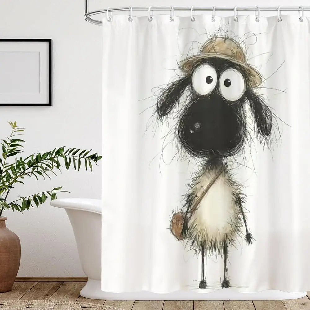 Cartoon Lamb Pattern Shower Curtain with 12 Hooks,Shower Curtain Liner, 72x72 Inches, Bathroom Shower Curtains