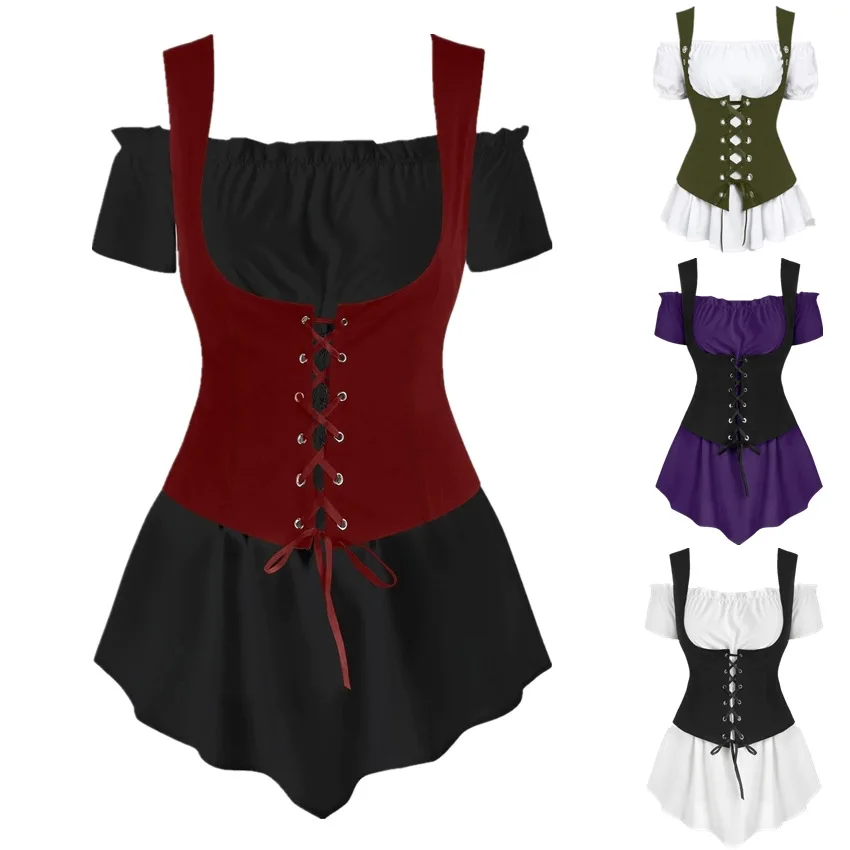 قميص Steam Punk بكتف واحد مع سترة برباط على طراز Punk مكون من قطعتين للنساء