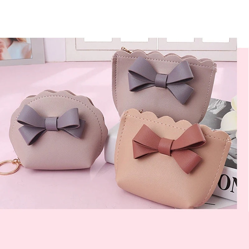 Cute Bow Small Bag Women PU Leather Coin Purses Fashion Zipper Handbag Girls Coin Card Holder for Kids Purses Keychain Wallet