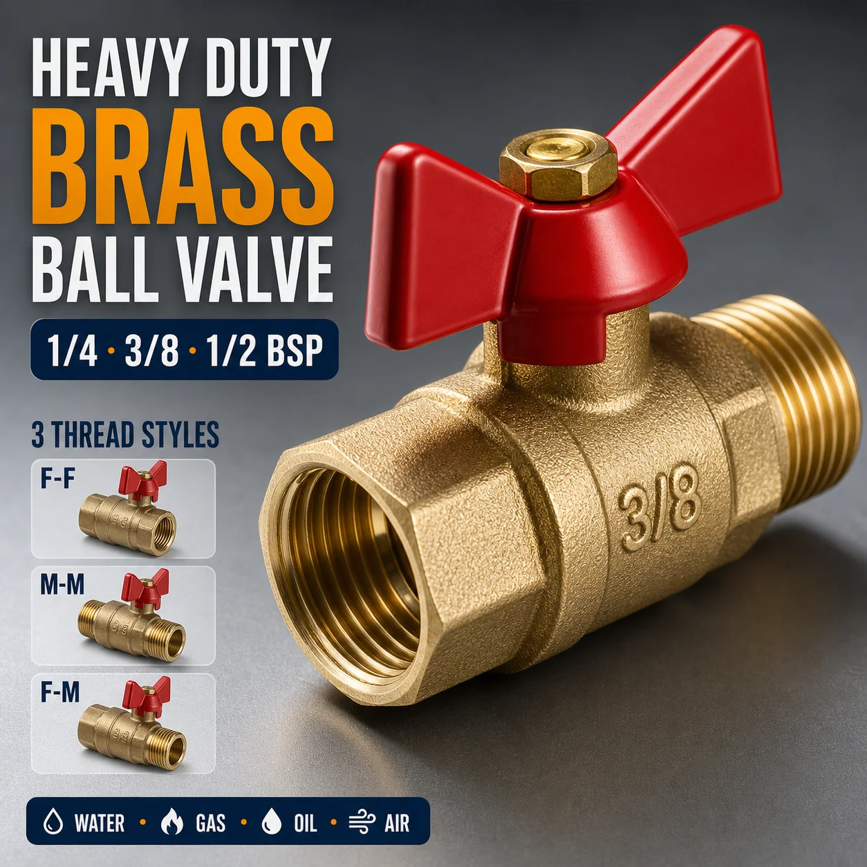 Heavy Duty Brass Ball Valve 1/4 3/8 1/2 BSP Male Female Shut Off Valve Butterfly Handle for Water Gas Oil Air Pipe Fitting