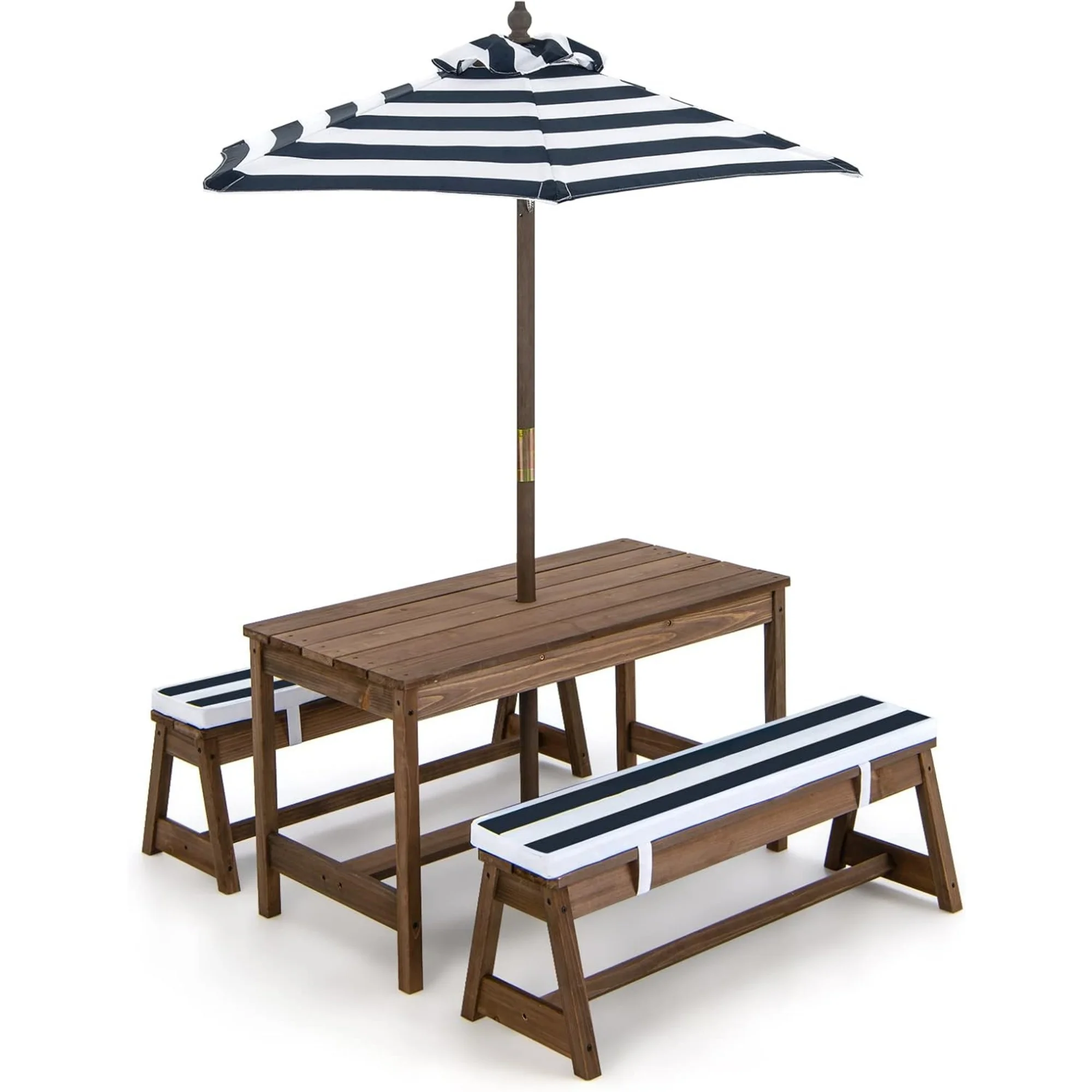 Kids Picnic Table with Umbrella Foldable, Backyard Wooden Table & Bench Set w/Removable Cushions, Activity Art Play Table, Indoor Outdoor Toddler Picnic Table for Patio, Lawn & Garden (Blue)
