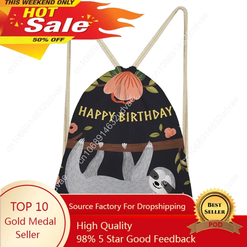 Cartoon School Girls Small Drawstring Bag Cute Sloth Printed Afro Style Women's Mochila Storage Bags Cinch Shoulder Bags