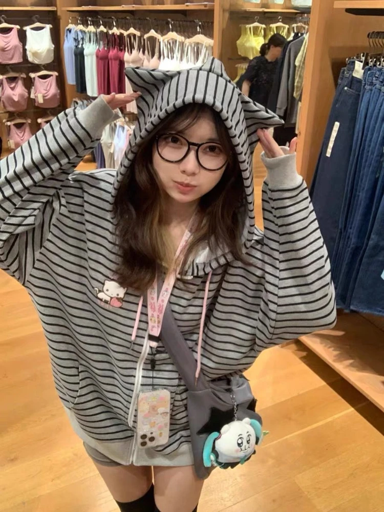 HOUZHOU Gray Cat Embroidery Women Hoodies Cutecore Striped Japanese Style Kawaii Sweet Zipper Sweatshirt Loose Cat's Ears Preppy