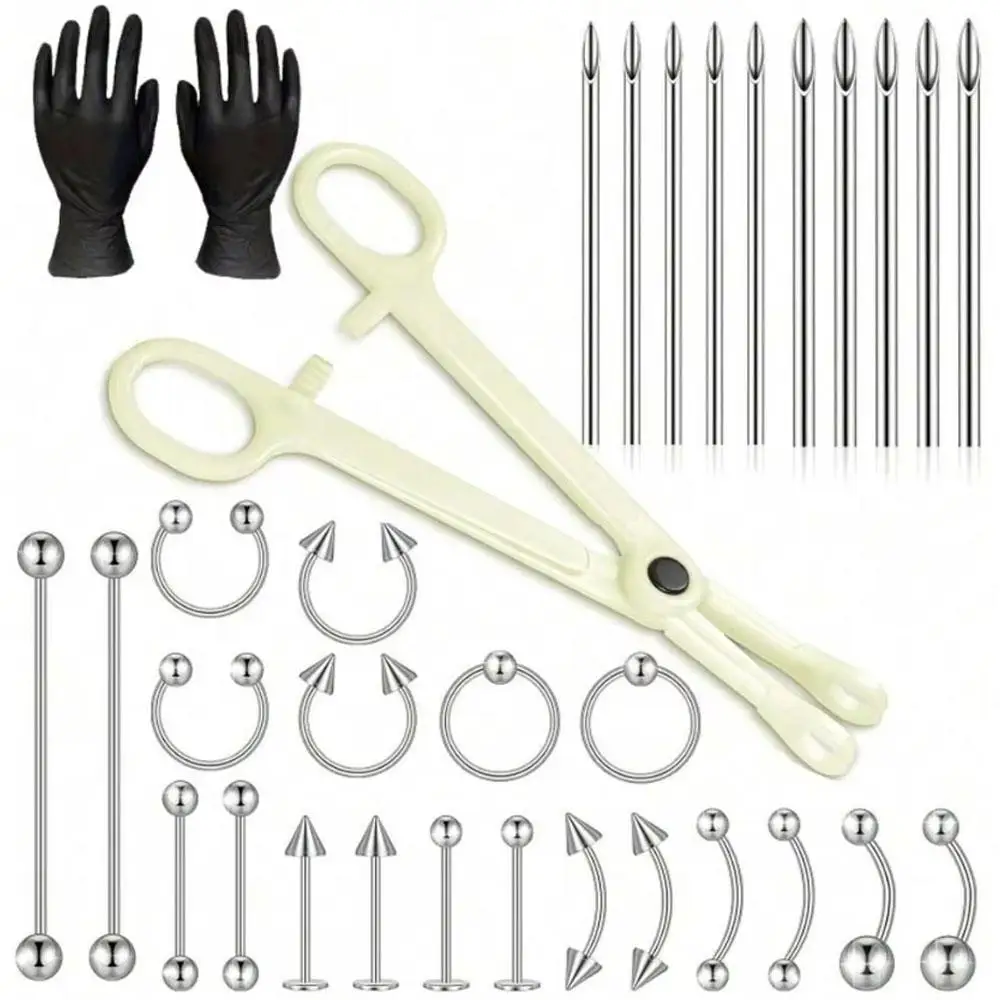 1/33Pcs Set Mix Body Piercing Tool Kits Include Piercing Clamp Needles And Piercing Jewelry For Nose Ear Lip Belly Navel Tongue