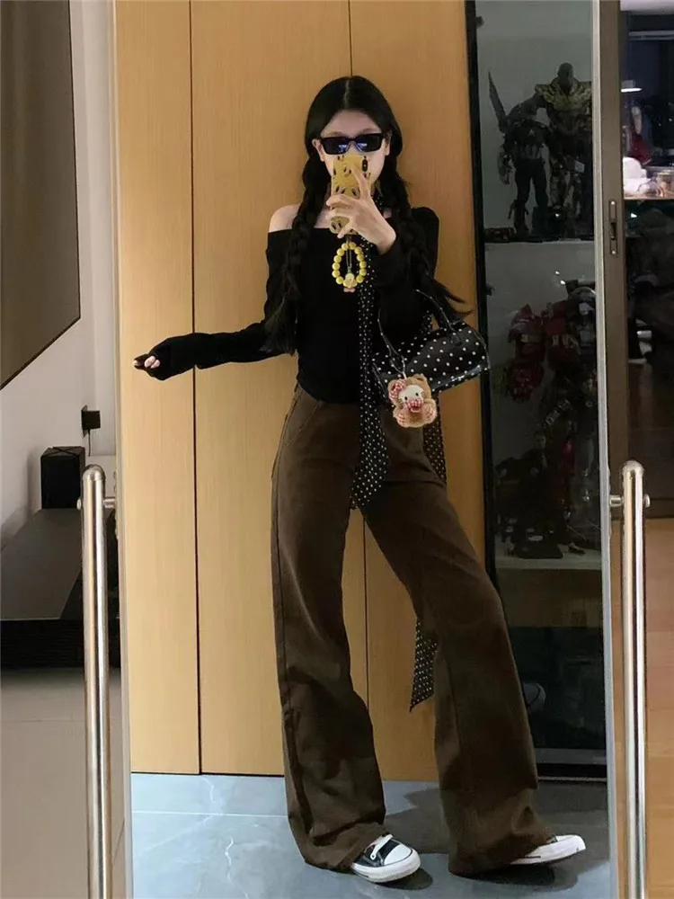 Tall Women's Low Waist Coffee Brown Flared Jeans Autumn Winter Washed Loose Slim Wide Leg Floor-Length Pants