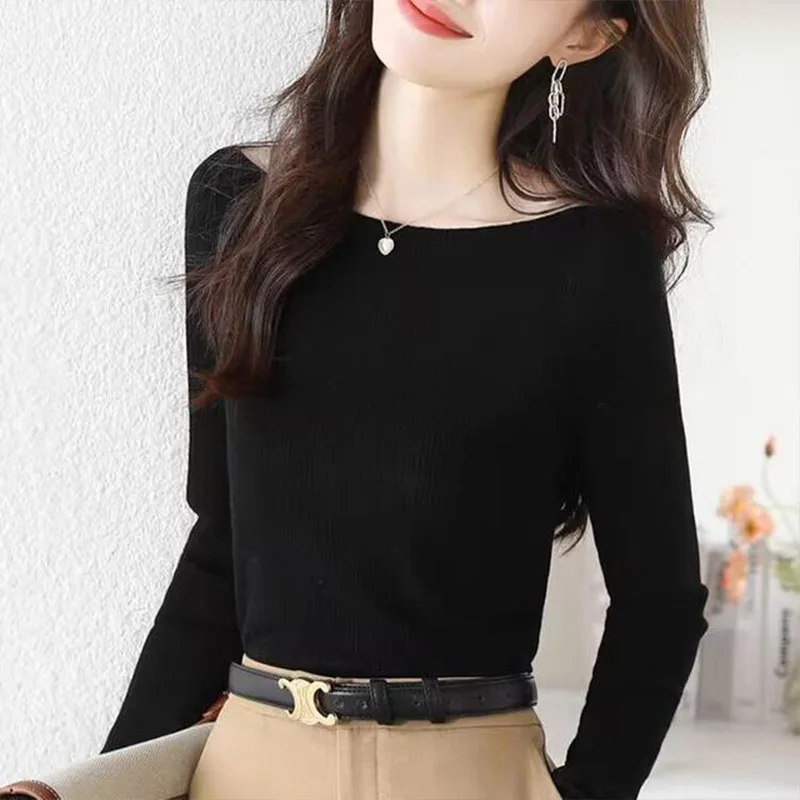 Women\'s Clothing Slash Neck Long Sleeve Knit Top Autumn New Elegant Fashion Solid Vertical Grain Sweaters Office Lady Chic Tops