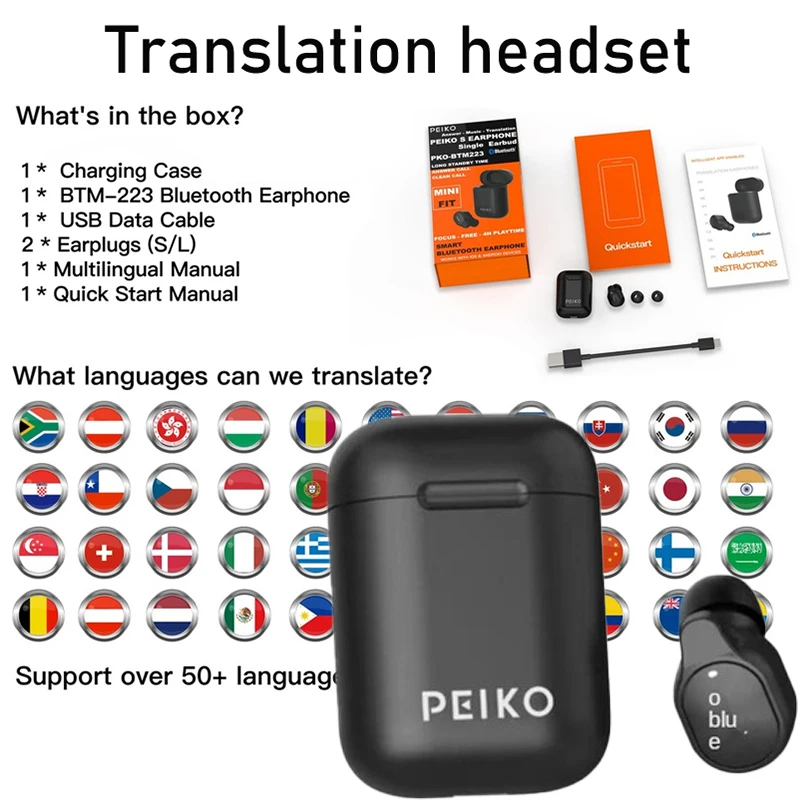 

2022 New Peiko TWS Earphone Wireless Bluetooth Headset BT5.0 Support 50+ Languages Translation For Travel and Business Earbuds