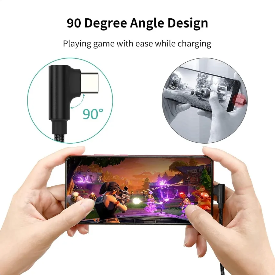 كابل USB C بزاوية 6.6 قدم شحن سريع 3 عبوات 90 درجة USB A إلى USB نوع C سلك طويل 3A متوافق مع Samsung Galaxy No