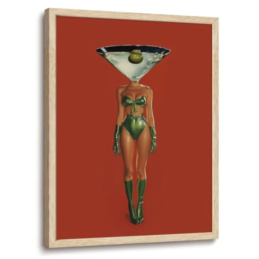 Arte de Pared Enmarcado Vintage de Mujeres Bebiendo, Arte de Pared en Lienzo de Cóctel Dirty Martini de Moda, Cuadros Estéticos Retro Rojos, Decoración de Pared Original