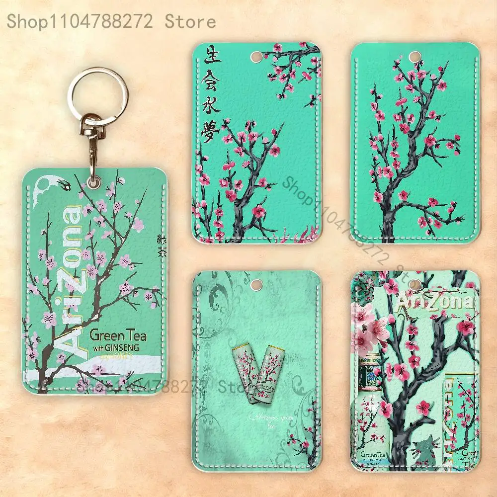 A-ArizonaES Green Tea Custom Access Card Case Leather Card Holder Keychain Key Ring Transportation Card Case Gifts