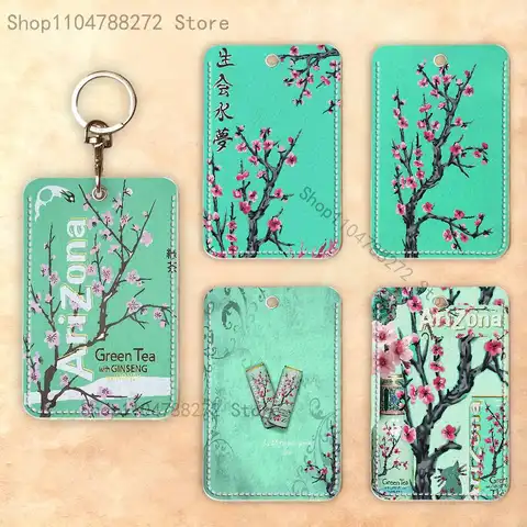 A-ArizonaES Green Tea Custom Access Card Case Leather Card Holder Keychain Key Ring Transportation Card Case Gifts