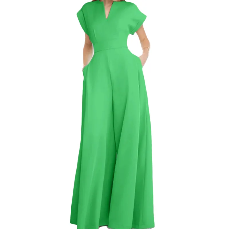 Fashion Elegant Solid Color Jumpsuits Women V-neck Short Sleeves Loose High Waist Wide Legs Jumpsuit Female Commuting Clothing