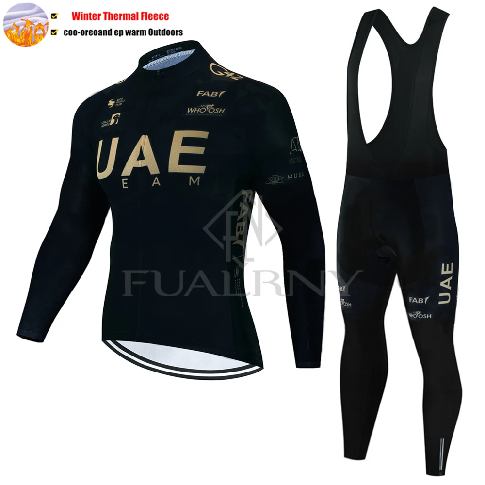 New UAE Winter Thermal Fleece Cycling Jersey Set Cycling Clothes Jersey Suit Outdoor Bike Bib Pants Ropa Maillot Ciclismo Hombre