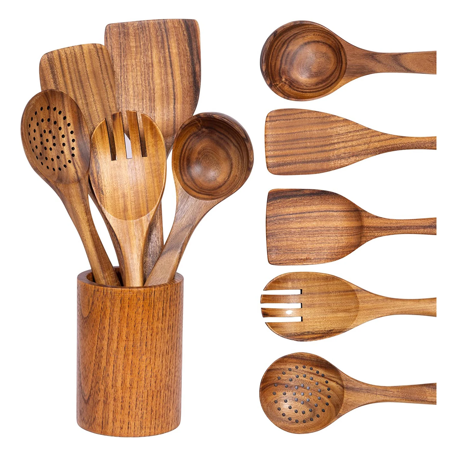 

6pcs Wooden Spoons for Cooking, Wooden Kitchen Utensils Set with Utensils Holder, Comfort Grip Cooking Utensils Set for Kitchen