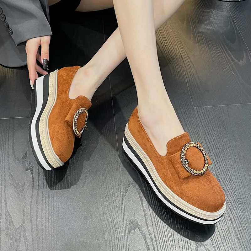 

Platform Wedge Shoes Woman Rhinestone Buckle Square Toe Loafers Casual Flock Heightening Shoes Slip on Shallow Pump Black Brown