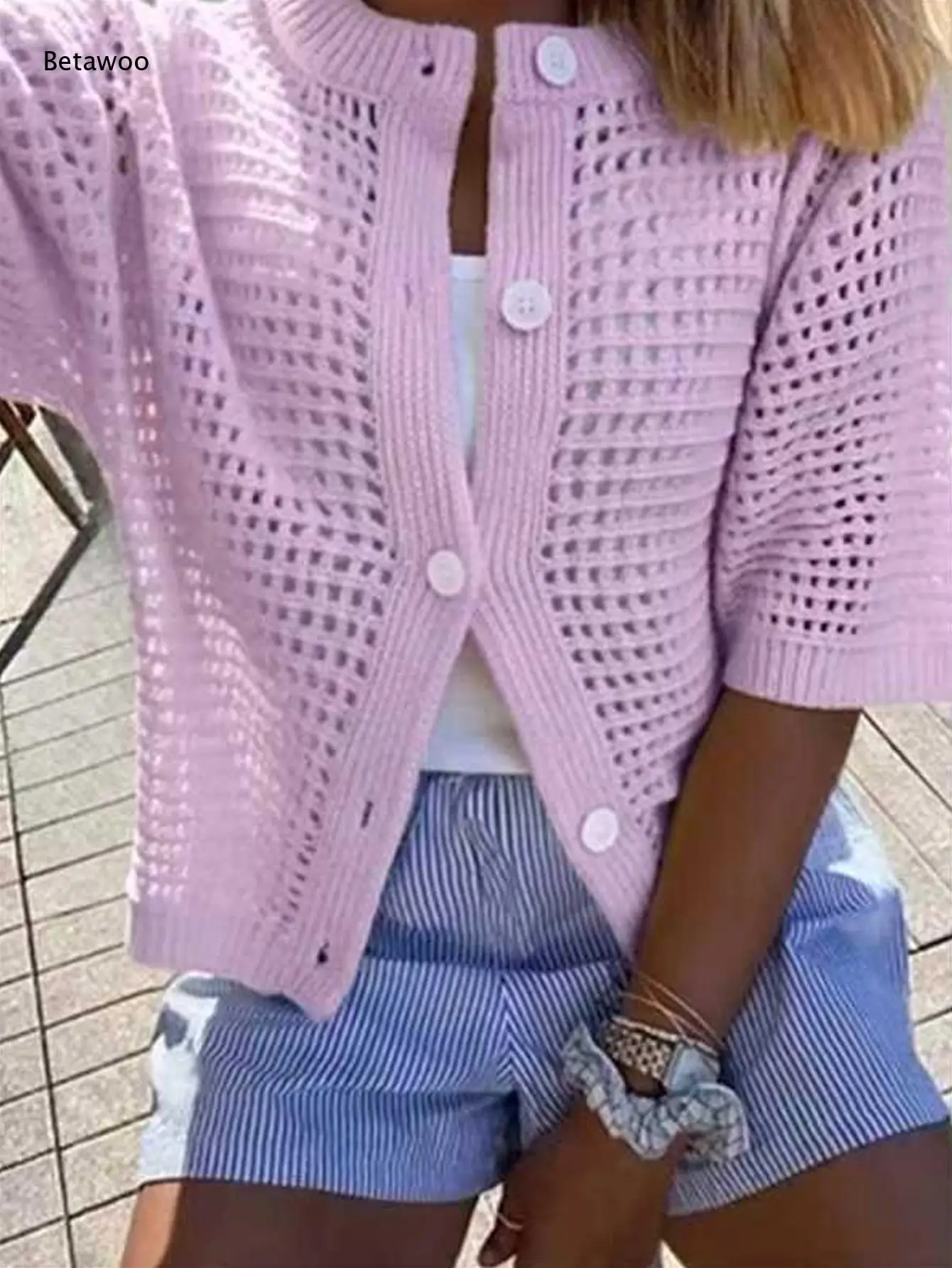 Round Neck Front Button Short Sleeve Hollow Open Knit Lightweight Breathable Sweater for Daily Casual Beach Vacation Outfits