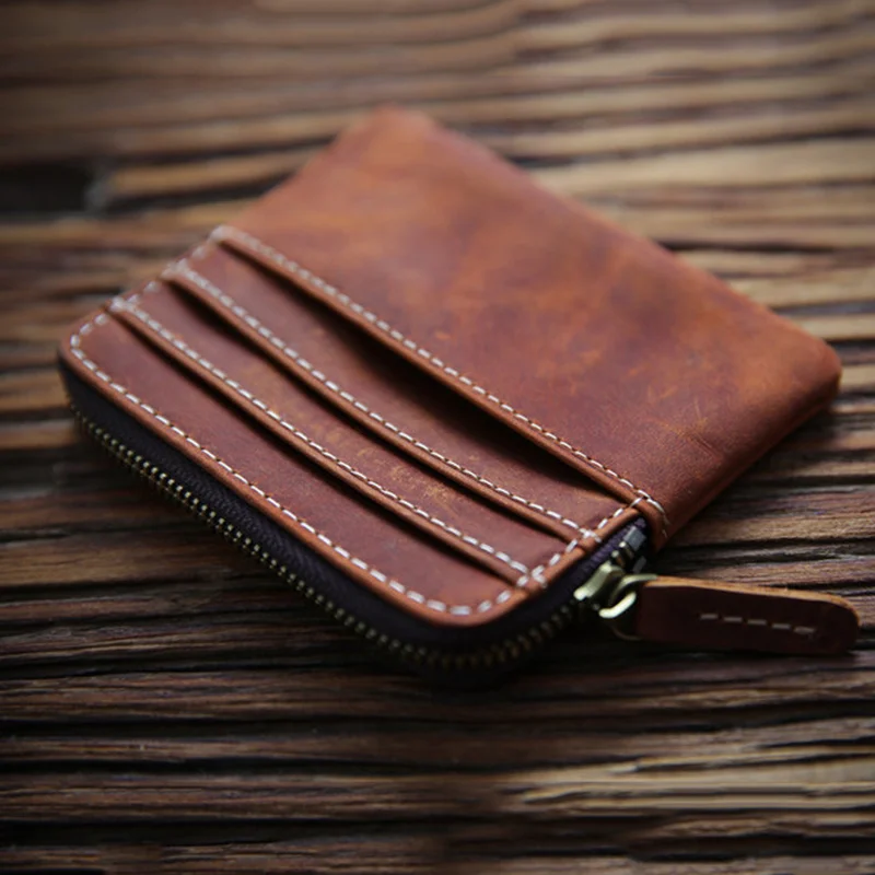 100% Genuine Leather Coin Purse For Men Women Vintage Handmade Short Small Slim Zipper Mens Wallet Card Holder Case Money Bag