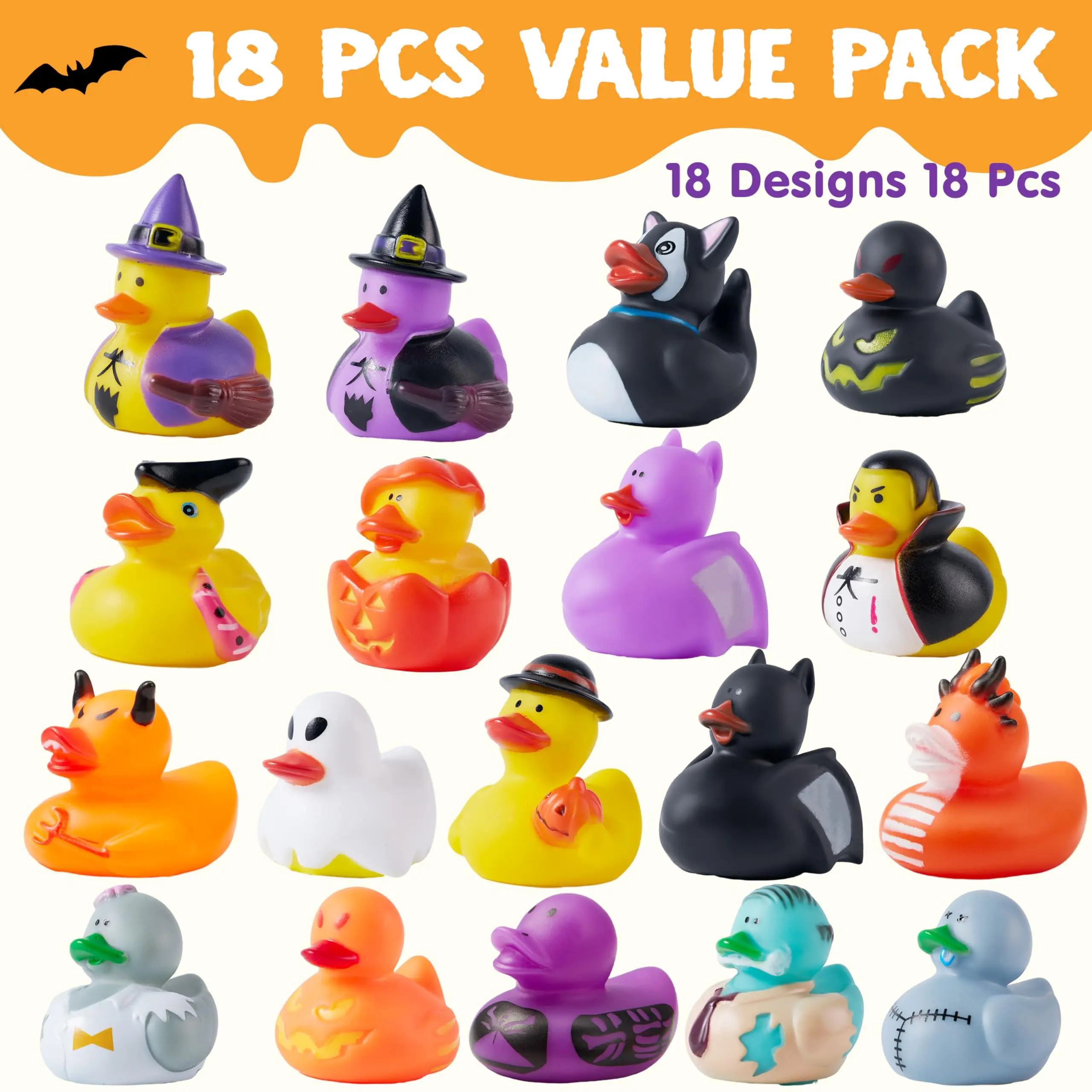 18Pcs Halloween Fancy Novelty Assorted Rubber Duck Variety Fun Bath Toy Duck,School Classroom Prize Trick or Treat Filler Party