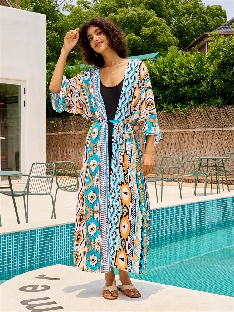 Robe kimono chic imprimée pour femmes, grande taille, ceinturée, tunique sexy, maillots de bain, cover-ups, tenue de maison, vacances, plage, fête, Q1414, 2024