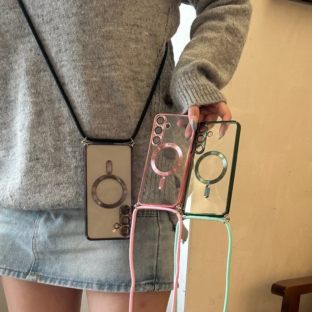 Crossbody Lanyard Phone Case for IPhone 11-17 Pro Max/Plus, Hands-Free Mirror Chrome Strap Cover