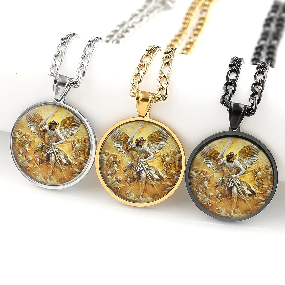 Archangel SAINT MICHAEL PROTECT US Glass Cabochon Medal Pendant Necklace Stainless Steel Gold Plated Christian Amulet Jewelry