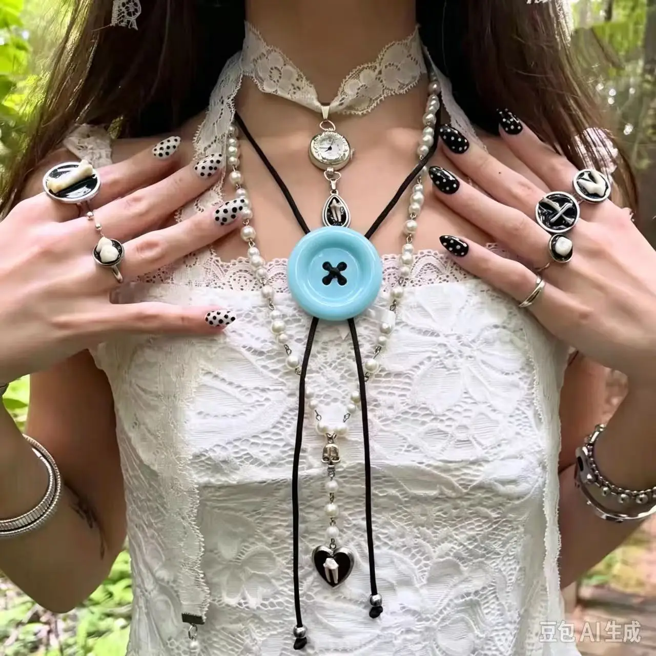 Y2K Giant Button Bolo Tie Necklace Women Coquette Black Cord Lariat Necklace with Beaded Vintage Pendant Necklaces Jewelry Gift