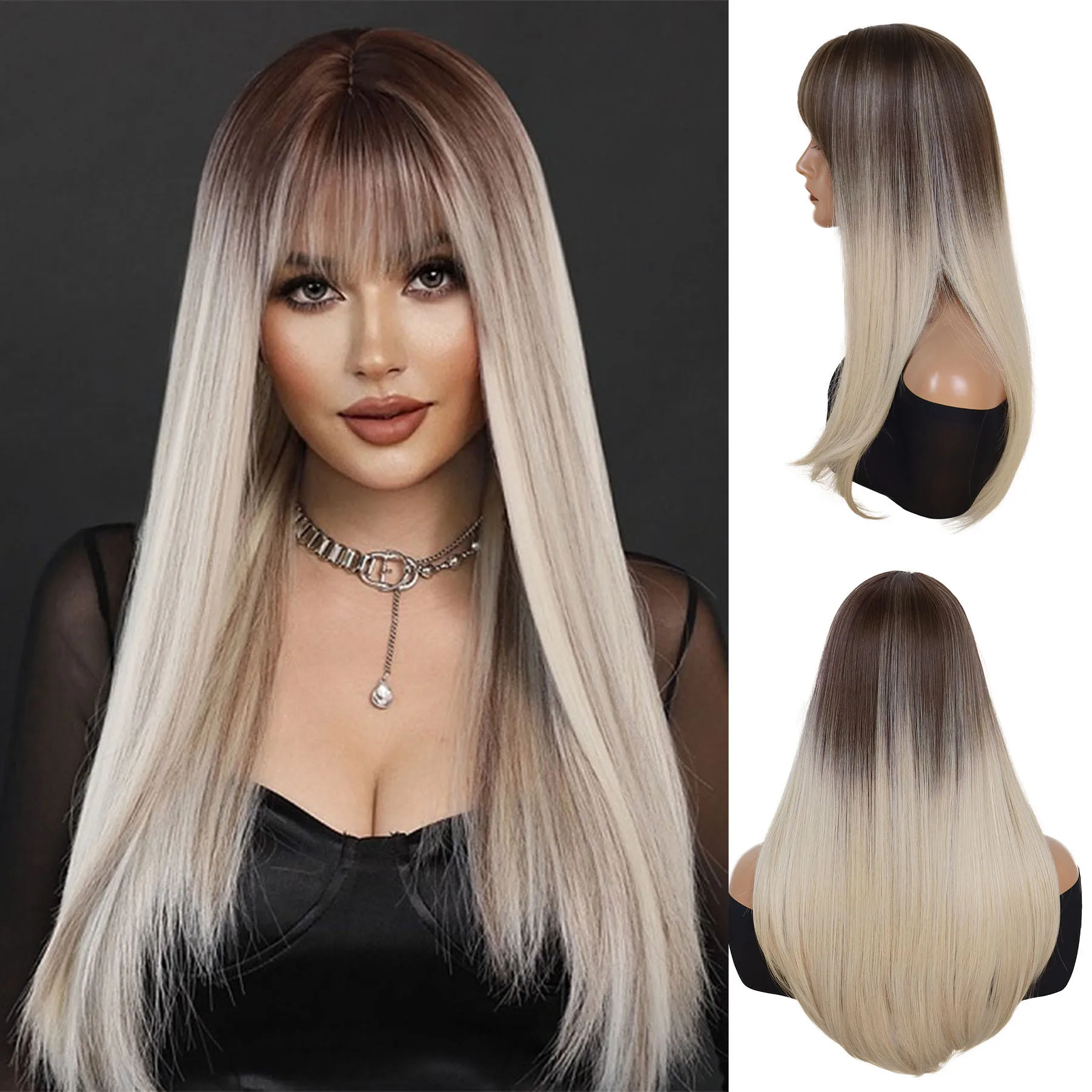 Synthetic 28 Inch Long Straight Wigs for Women Ombre Brown to Blonde Wig with Bangs Natural Looking Daily Costume Drag Queen Wig