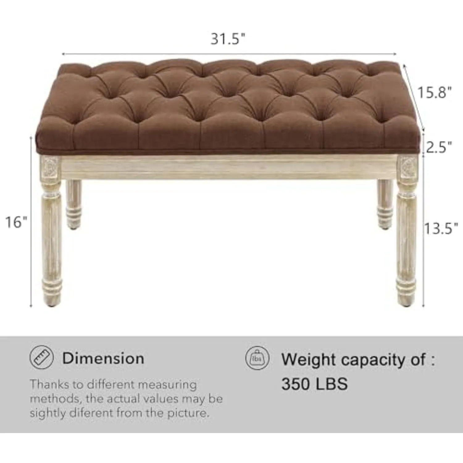 31'' Entryway Bench, Linen Upholstered End of Bed Bench, Brown | French, Vintage, Tufted, Brushed Wood Legs, Bedroom