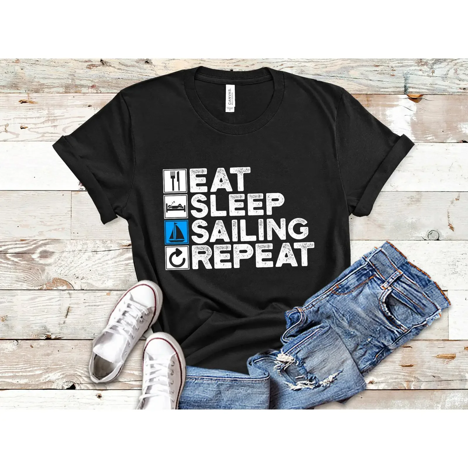Sailing T Shirt Boating s Boat Eat Sleep Repeat  vintage Washed streetwear Stretched Stylish Slightly Comfortable Unisex