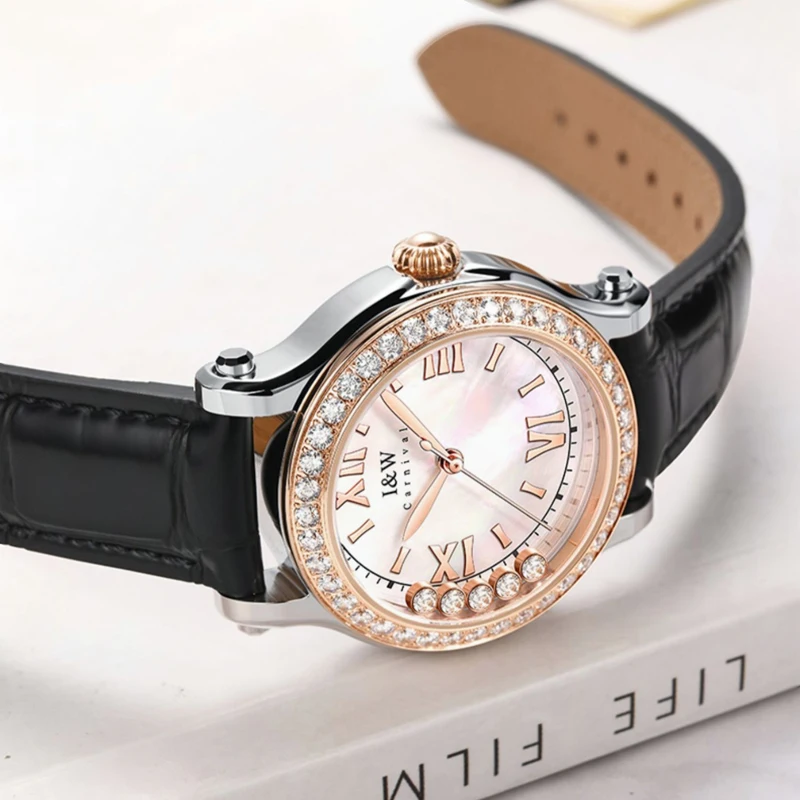 Carnival High-end Series I&W Brand New Luxury Diamond Quartz Watch for Women Leather Strap Waterproof Fashion Womens Watches